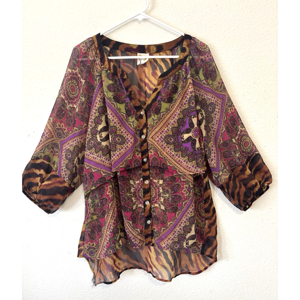 Fig And Flower Boho Blouse 1X‎ Cottagecore Hippy Semi Sheer Cool Shirt Top